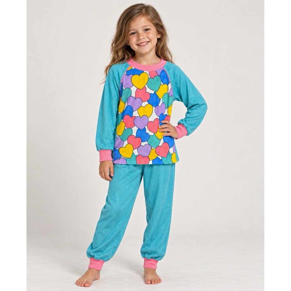 Vintage 1990's West Side Girls Size 6 Pajama Set - Heart Print Teal Pink - NWT